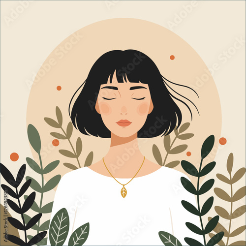 Woman Meditating in Nature with Eyes Closed and Leaf Necklace