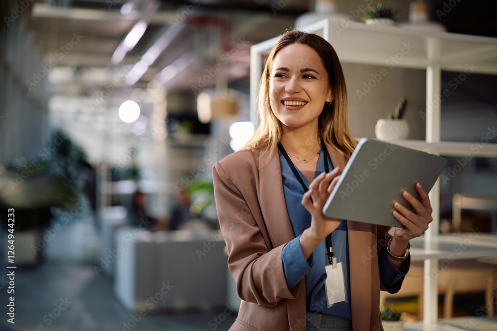 Happy businesswoman using touchpad while working in office. Happy businesswoman using touchpad while working in office.
