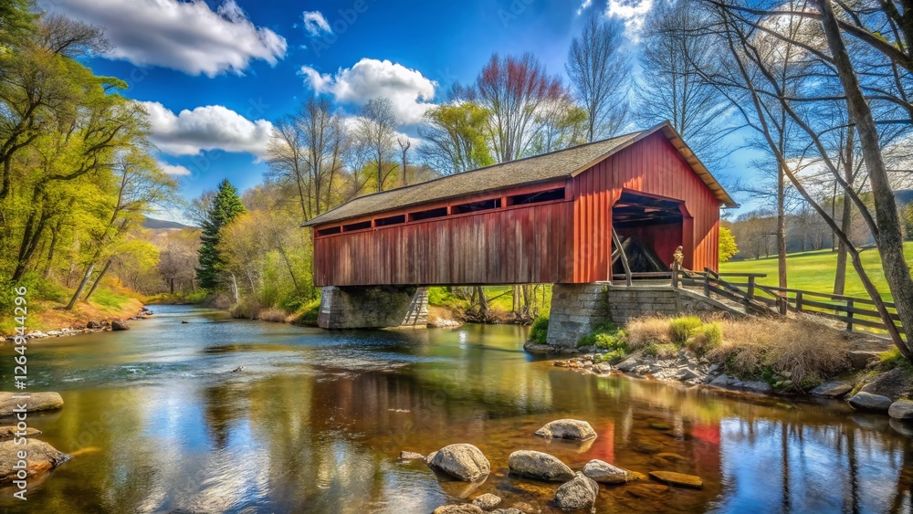 Obraz premium Historic Wooden Covered Bridge, Hudson Valley, New York, Early Spring