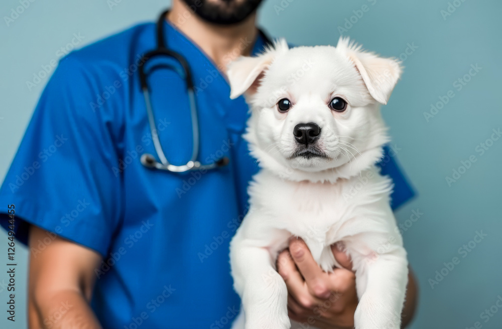International Day of the Veterinarian. A small white puppy is sitting in the arms of a veterinarian. caring for animals. free space for text International Day of the Veterinarian. A small white puppy is sitting in the arms of a veterinarian. caring for animals. free space for text