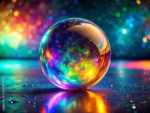 Holographic Globules: Abstract iridescent spheres, futuristic technology, copy space left.