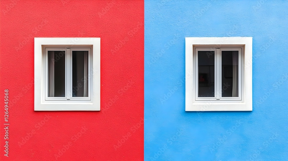 Two White Windows on Red and Blue Walls Two White Windows on Red and Blue Walls