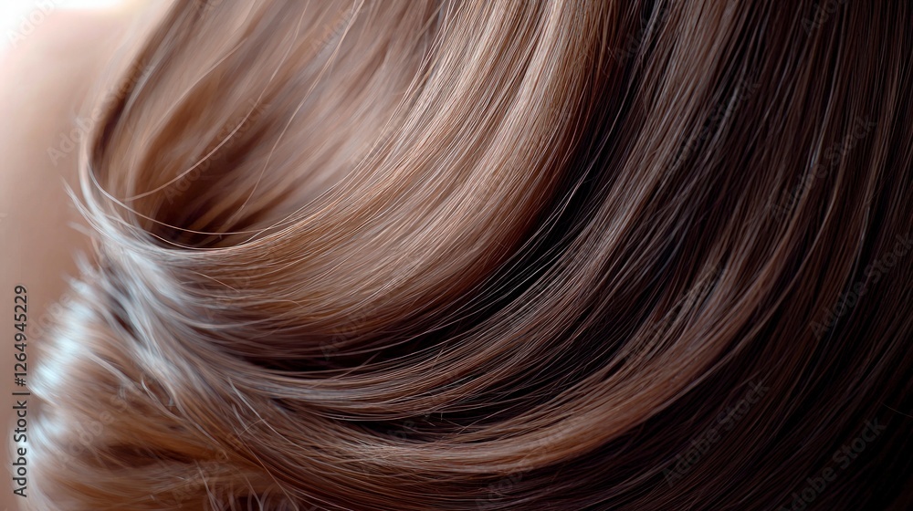 Naklejka premium Luxurious Brown Hair Shiny Curls Cascading Waves Smooth Texture Closeup