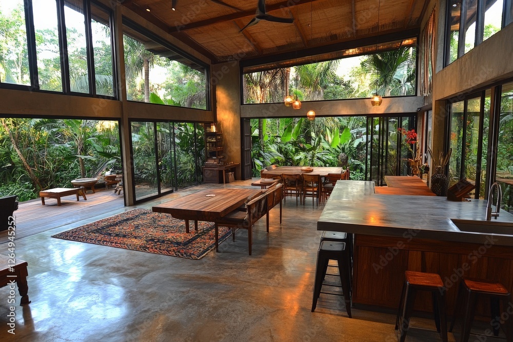 Fototapeta premium Modern open-concept living space surrounded by lush greenery in a serene tropical area