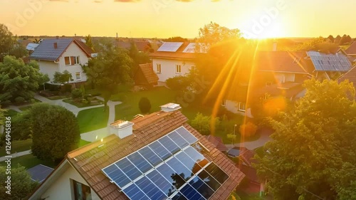 Sunlight illuminates solar panels on the tiled roofs of suburban houses at sunset, symbolizing renewable energy