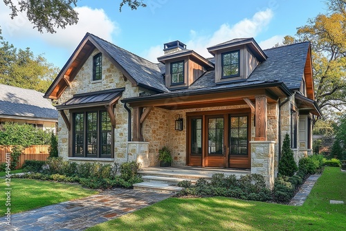  Small yet stylish modern farmhouse with compact gabled roof and combination of stone and wood accents. Contemporary rustic charm in a cozy design. photo