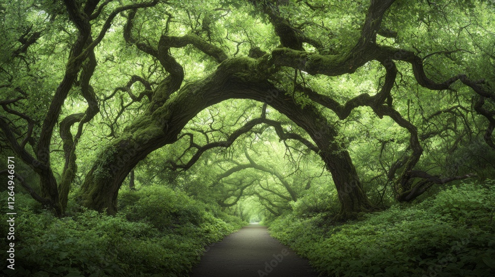 Naklejka premium Enchanting Sunlit Path Through Mossy Trees Lush Green Forest Canopy Nature Walk