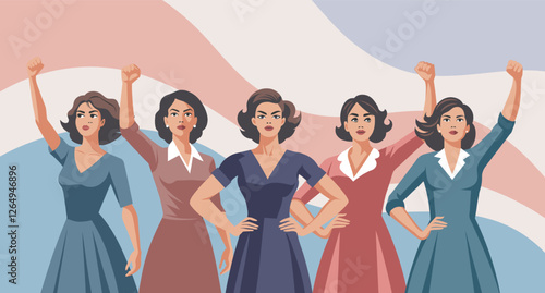 Empowered women with raised hands in protest. Feminism and equality concept.  Banner, poster, trendy illustration
