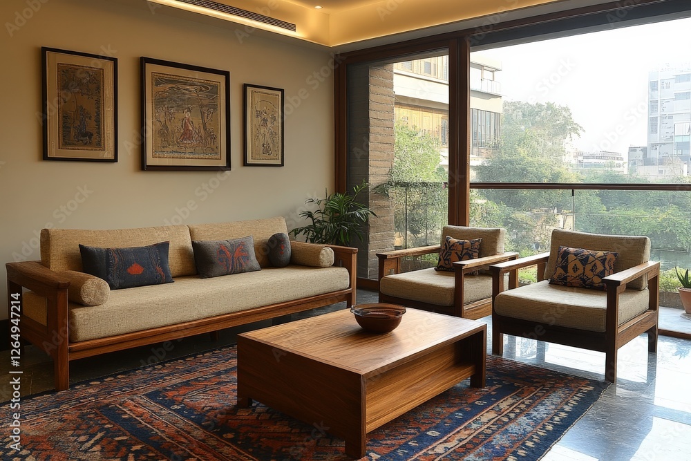 Comfortable living room design with elegant furniture and large windows overlooking nature in a modern apartment Comfortable living room design with elegant furniture and large windows overlooking nature in a modern apartment