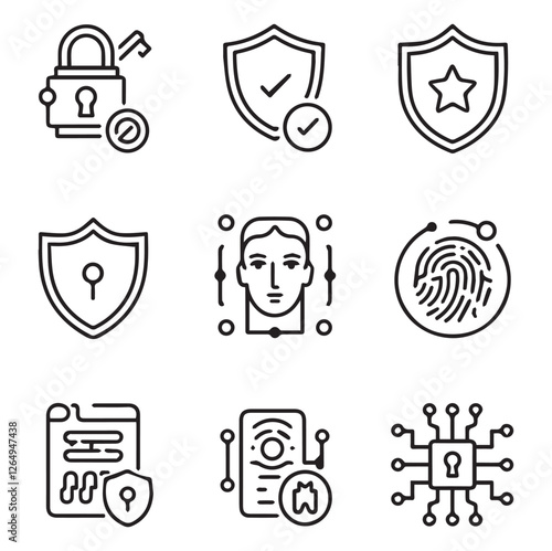 Account Security - thin line vector icon set. Pixel perfect. Editable stroke. The set contains icons: Digital Authentication, Verification, Privacy Protection, Face Identification, Fingerprint Scanner