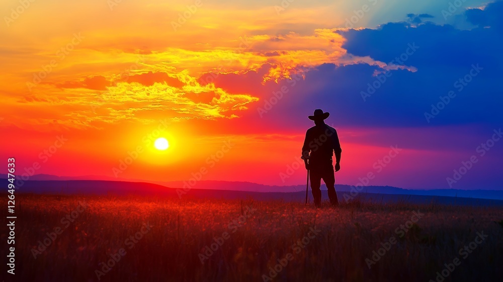 A Serene Shepherd at Sunset Over a Colorful Pasture A Serene Shepherd at Sunset Over a Colorful Pasture