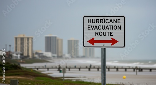 Hurricane Evacuation Route Sign Near Oceanfront Buildings with Stormy Weather