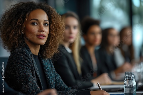  Female executive speaking confidently during panel discussion while fellow panelists listen. Professional attire, engaged expressions, and dynamic body language convey leadership.