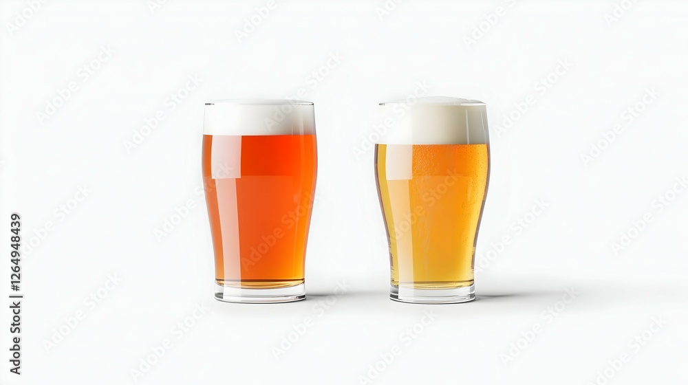 Two Glasses Of Amber And Golden Beer On White Background Two Glasses Of Amber And Golden Beer On White Background