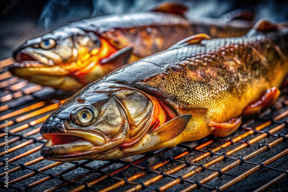 Close-up: Smoked trout's scales gleam, grill marks subtly textured, low light ambiance. Close-up: Smoked trout's scales gleam, grill marks subtly textured, low light ambiance.