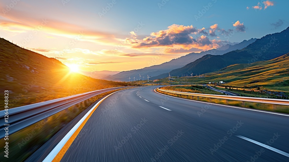 Naklejka premium Stunning eco industrial park featuring renewable energy sources and a picturesque mountain landscape at sunset The winding highway leads through a serene energy efficient environment