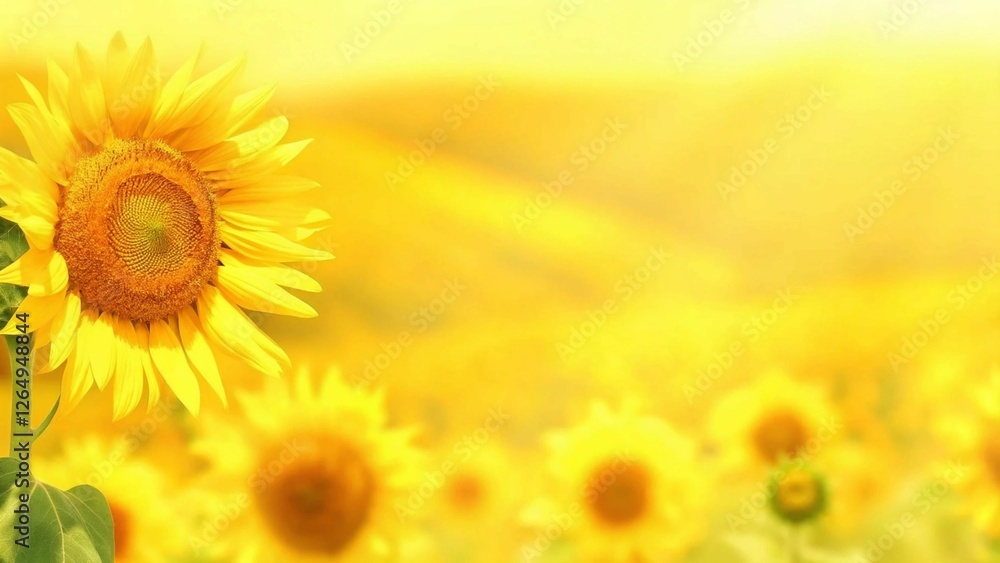 Obraz premium Sunflower on blurred sunny nature background. Horizontal agriculture summer banner with sunflowers field. Organic food production. Harvest of farm product. Oilseed crop. Copy space for text 