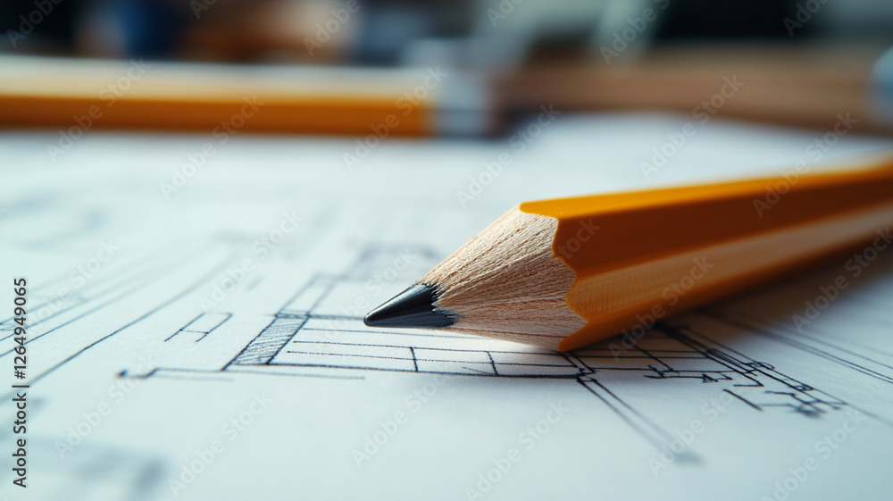macro photo of a desk with architectural drawings on it and a yellow pencil focus on the lead and nib of the pencil. macro photo of a desk with architectural drawings on it and a yellow pencil focus on the lead and nib of the pencil.