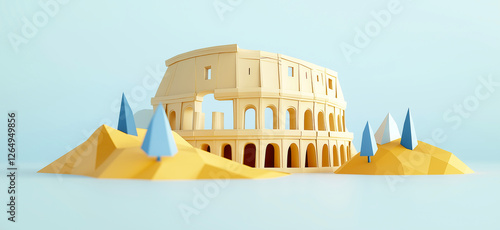 Colloseum in Rome. 3D rendering of Colloseum simple low poly origami style, web banner with copy space