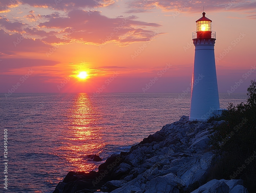 A lighthouse stands by the sea, illuminated at sunset, casting a warm glow on the water. A lighthouse stands by the sea, illuminated at sunset, casting a warm glow on the water.