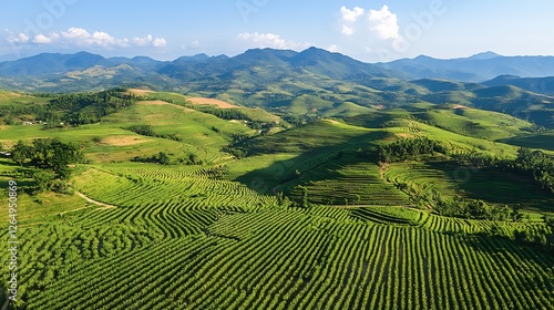 Stunning Aerial View of Verdant Terraced Farmlands in Mountainous Region