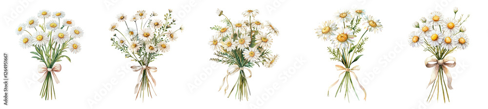 PNG Charming daisy bouquets with ribbons, element set on transparent background PNG Charming daisy bouquets with ribbons, element set on transparent background