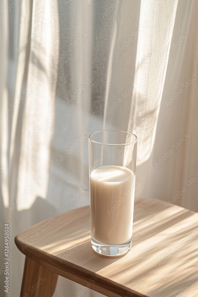 A tall glass of fresh milk sits on a wooden table, illuminated by warm golden sunlight streaming through sheer curtains. The tranquil atmosphere invites relaxation and comfort A tall glass of fresh milk sits on a wooden table, illuminated by warm golden sunlight streaming through sheer curtains. The tranquil atmosphere invites relaxation and comfort