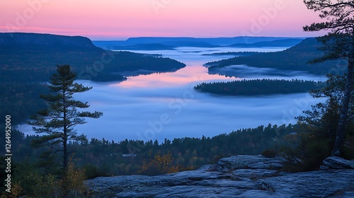 Spectacular sunrise at Minnewaska State Park Preserve with foggy lake view photo