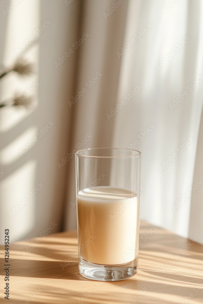 A tall glass of fresh milk sits on a wooden table. Soft golden sunlight filters through sheer curtains, creating a warm and inviting atmosphere. This serene setting evokes relaxation and comfort A tall glass of fresh milk sits on a wooden table. Soft golden sunlight filters through sheer curtains, creating a warm and inviting atmosphere. This serene setting evokes relaxation and comfort