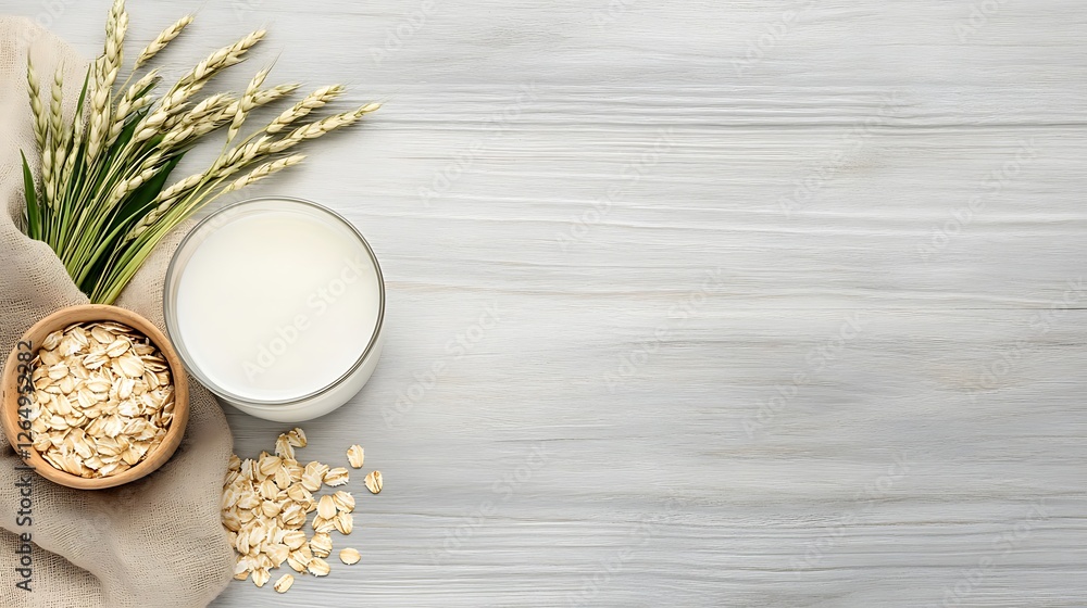 Fototapeta premium Oat Milk and Oats: A Top-Down Studio Shot AI Generated