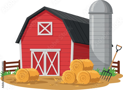 Red barn with silo and hay bales in flat vector art