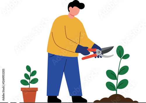 Person using garden shears to prune plants in flat vector art