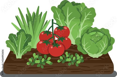 Fresh vegetables including tomatoes and lettuce in flat vector art