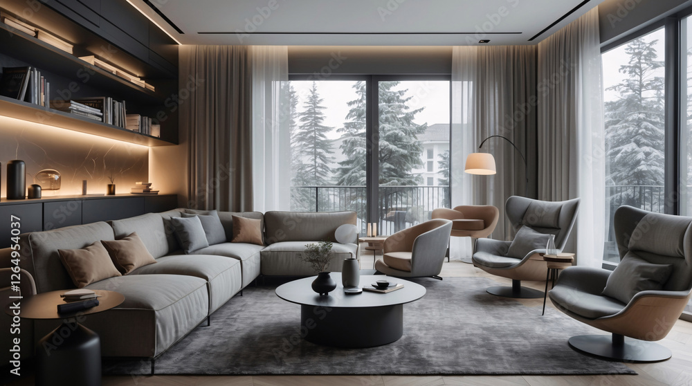 Fototapeta premium Minimalist Scandinavian lounge interior featuring gray couch contemporary design and wide windows creating a bright and welcoming living area Modern Interior Design Inspiration
