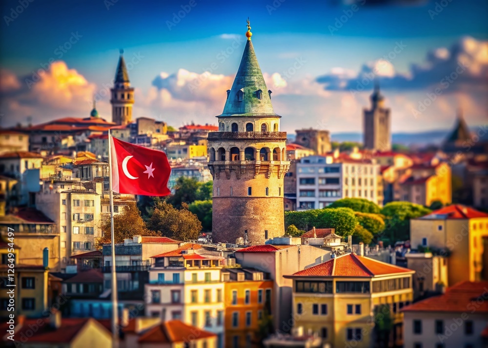 Fototapeta premium Istanbul Galata Tower & Turkish Flag: Miniature Tilt-Shift Cityscape