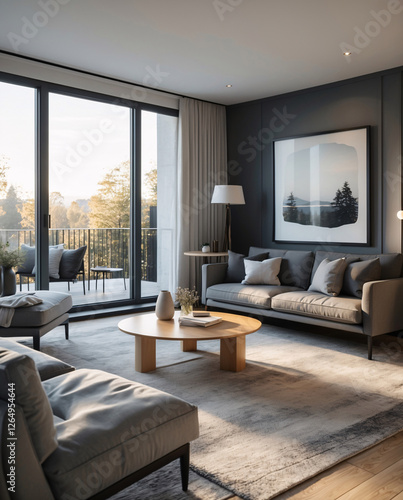 Wallpaper Mural Modern minimalist Scandinavian lounge featuring neutral gray couch sleek modern design elements and wide windows allowing natural light to flood the space Modern Interior Design Inspiration Torontodigital.ca