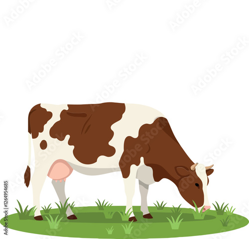 Cow grazing on green grass in flat minimal vector illustration