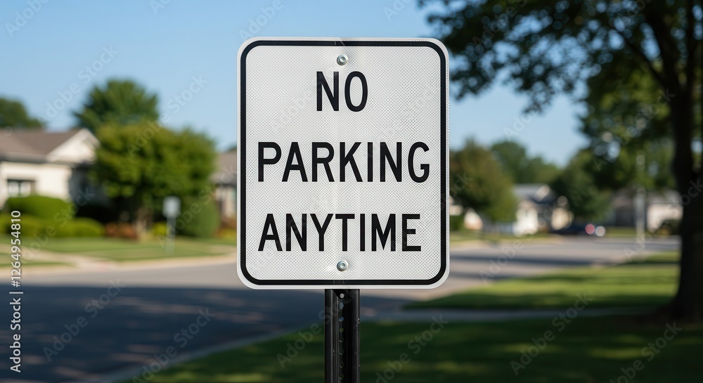 No Parking Anytime Sign in Suburban Neighborhood on a Sunny Day No Parking Anytime Sign in Suburban Neighborhood on a Sunny Day