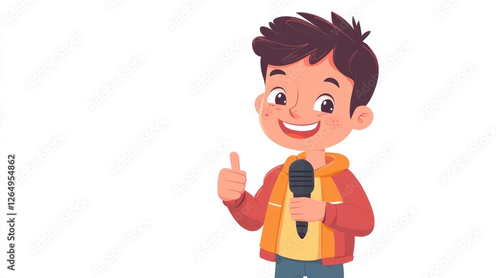 Happy boy speaking into microphone, thumbs up, white background, kid presenter Happy boy speaking into microphone, thumbs up, white background, kid presenter