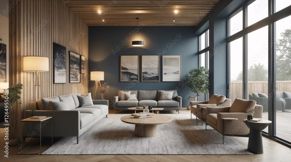 Fototapeta premium Modern Scandinavian lounge interior showcasing a neutral gray couch minimalist design elements and large windows allowing sunlight to illuminate the space Modern Interior Design Inspiration