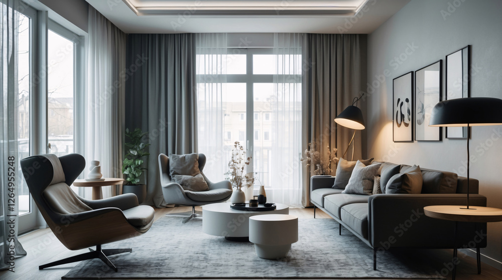 Modern Scandinavian lounge with gray neutral couch sleek design features and large windows allowing natural light to illuminate the entire space Modern Interior Design Inspiration Modern Scandinavian lounge with gray neutral couch sleek design features and large windows allowing natural light to illuminate the entire space Modern Interior Design Inspiration