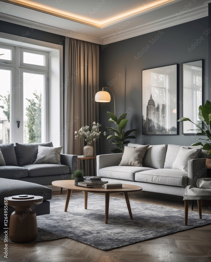 Fototapeta premium Peaceful Scandinavian lounge featuring minimalist gray sofa modern design accents and wide windows bringing in natural daylight Modern Interior Design Inspiration