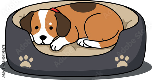 Dog resting comfortably in a cozy bed flat vector illustration