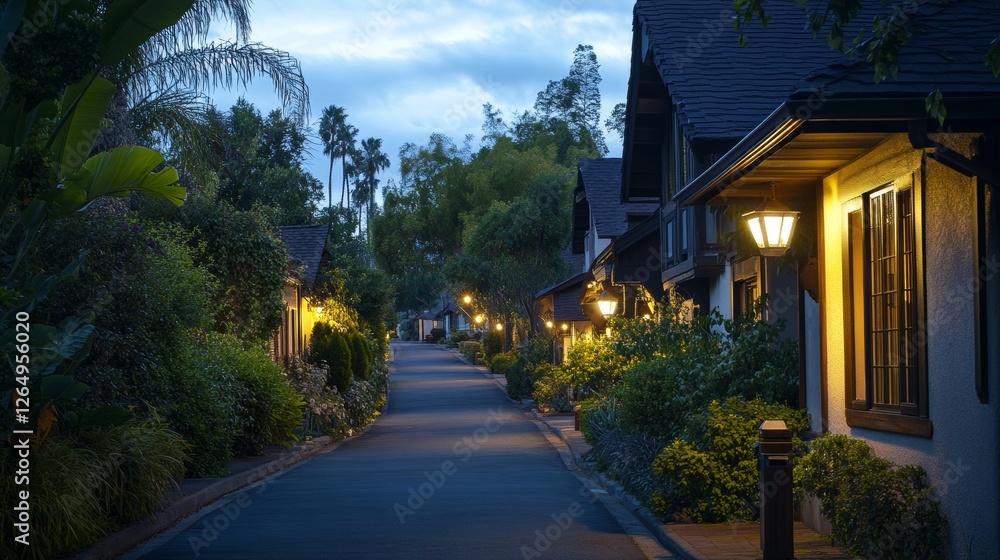 Tranquil Lane Illuminated by Warm Glow and Surrounded by Lush Foliage Tranquil Lane Illuminated by Warm Glow and Surrounded by Lush Foliage