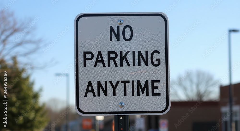 No Parking Anytime Sign in Urban Setting with Blurred Background No Parking Anytime Sign in Urban Setting with Blurred Background