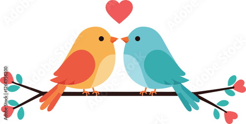 Colorful lovebirds perched on a branch in flat vector art