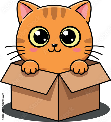 Cute orange cat peeking from a cardboard box in flat vector art