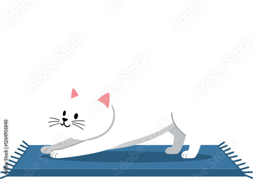 White cat stretching on blue rug in flat vector art