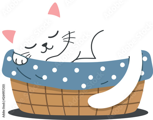 White cat sleeping peacefully in a cozy basket flat vector art