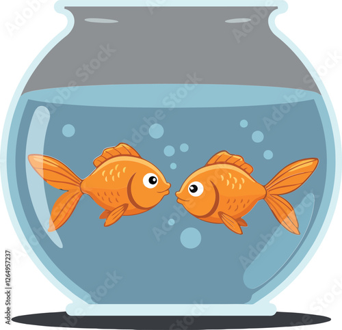 Two playful goldfish in a round bowl with flat design vector art